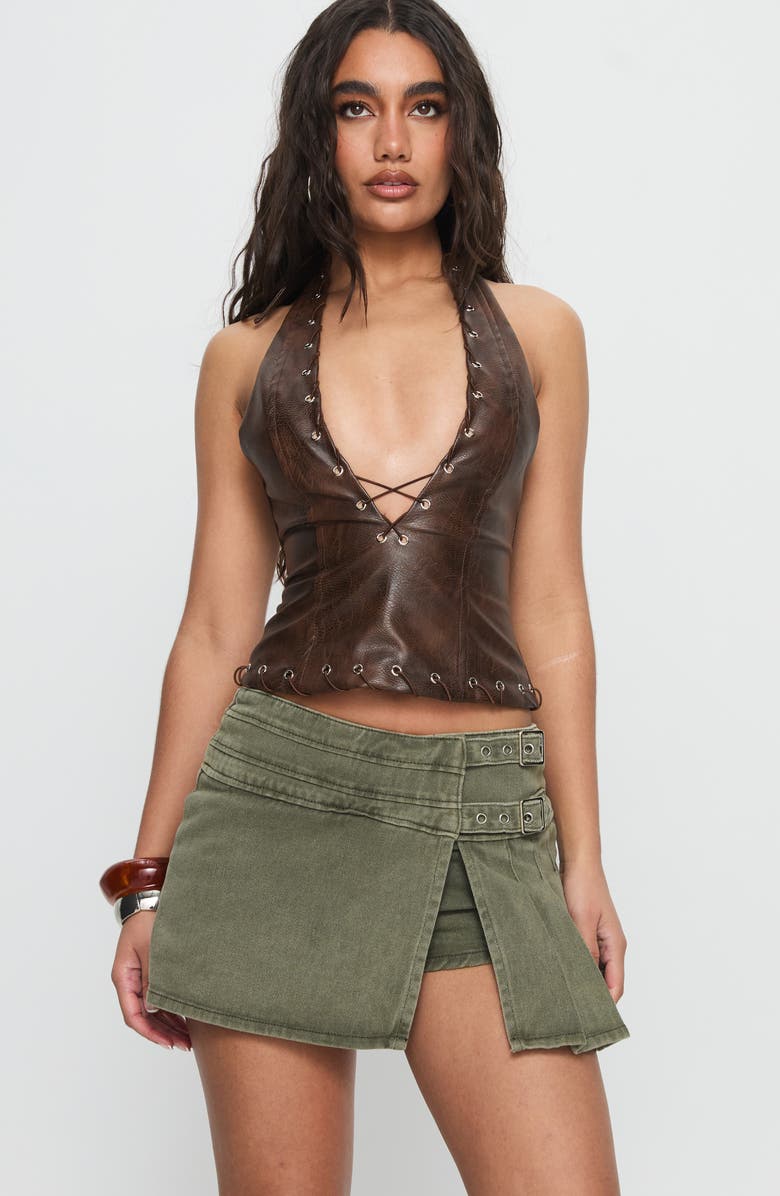 Princess Polly Generous Faux Wrap Denim Skort, Alternate, color, Washed Khaki