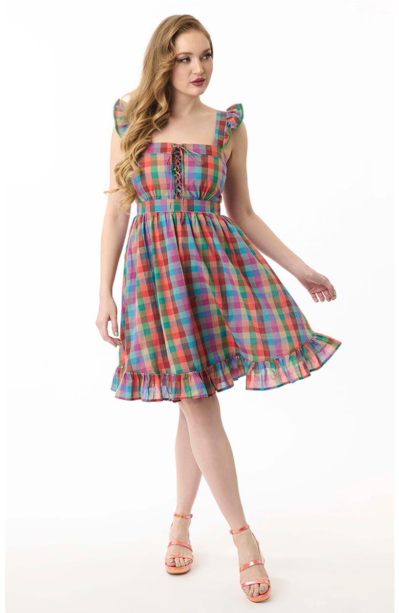 Smak Parlour Corset Lace Fit & Flare Dress, Main, color, Rainbow Plaid