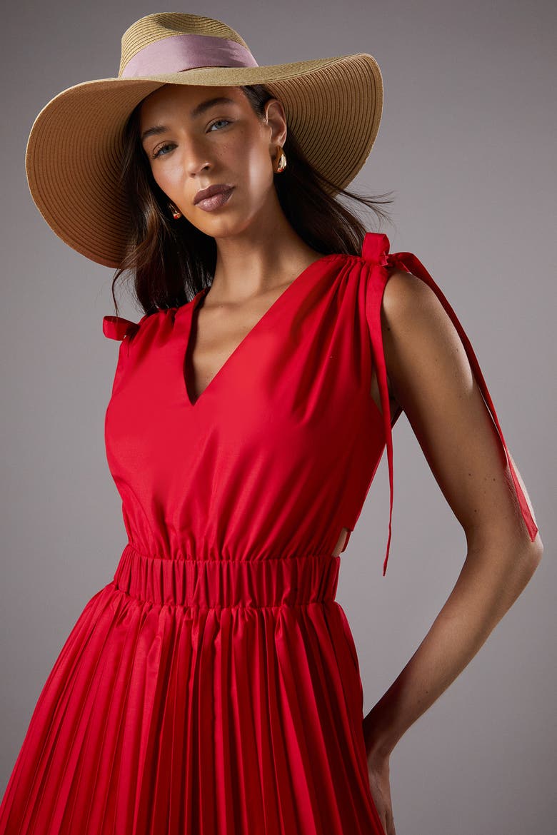 Tie Shoulder Pleated Cotton Dress, Alternate, color, Red
