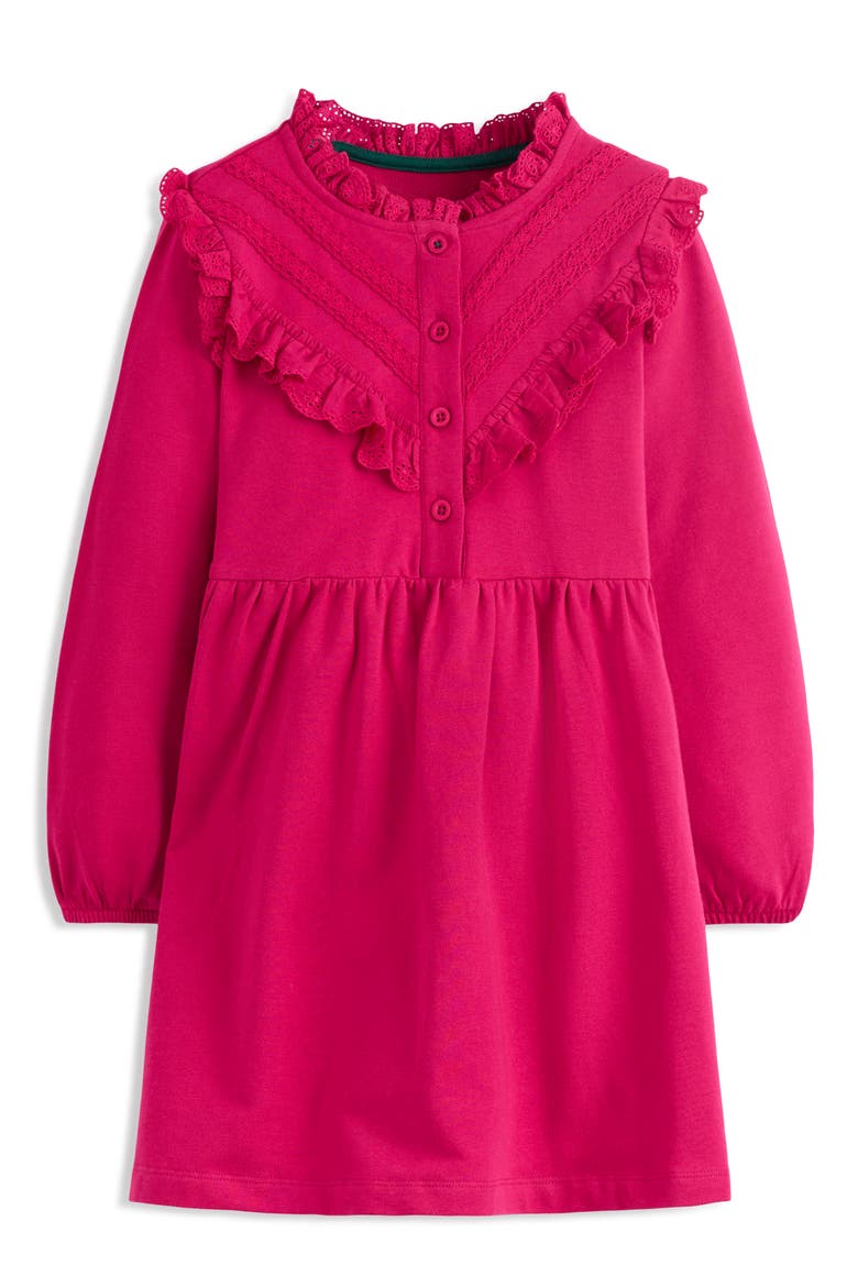 Kids' Ruffle Accent Long Sleeve Cotton Sweatshirt Dress, Main, color, CHERRY JAM