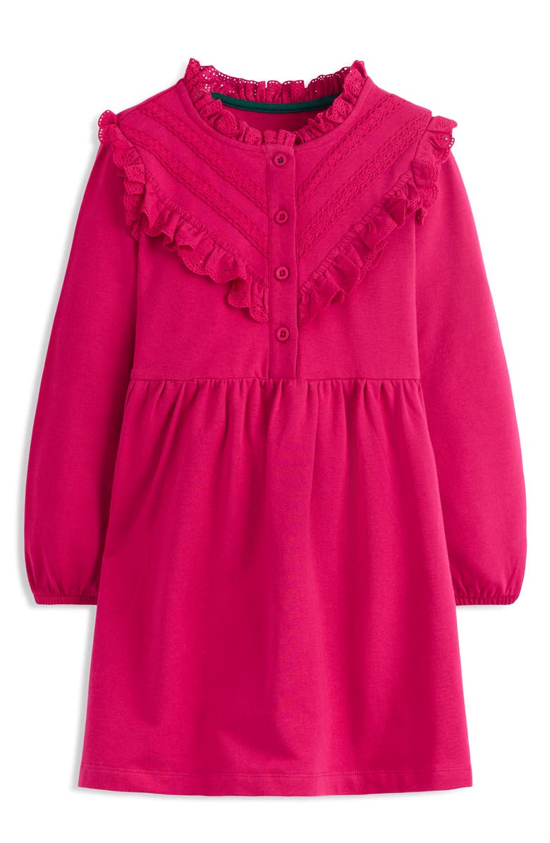Mini Boden Kids' Ruffle Accent Long Sleeve Cotton Sweatshirt Dress, Main, color, Cherry Jam