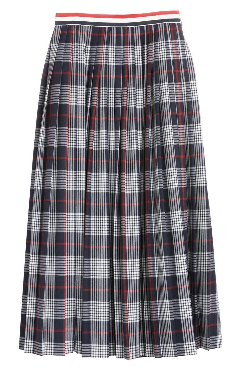Thom Browne Hairline Plaid Pleated Wool Midi Skirt, Alternate, color, 