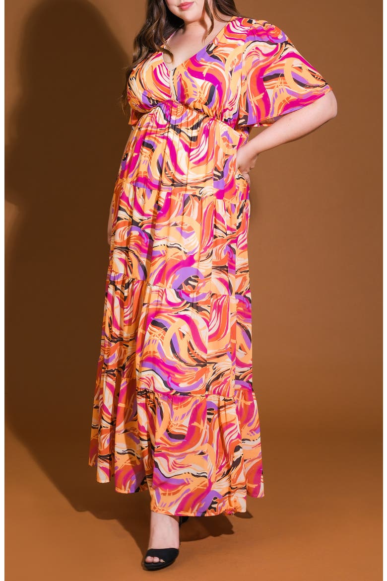 Printed Tiered Maxi Dress, Alternate, color, MUSTARD MAGENTA