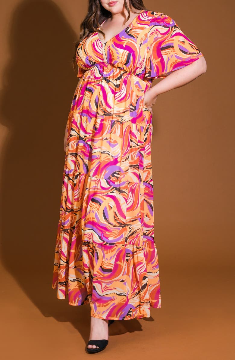 FLYING TOMATO Printed Tiered Maxi Dress, Alternate, color, Mustard Magenta