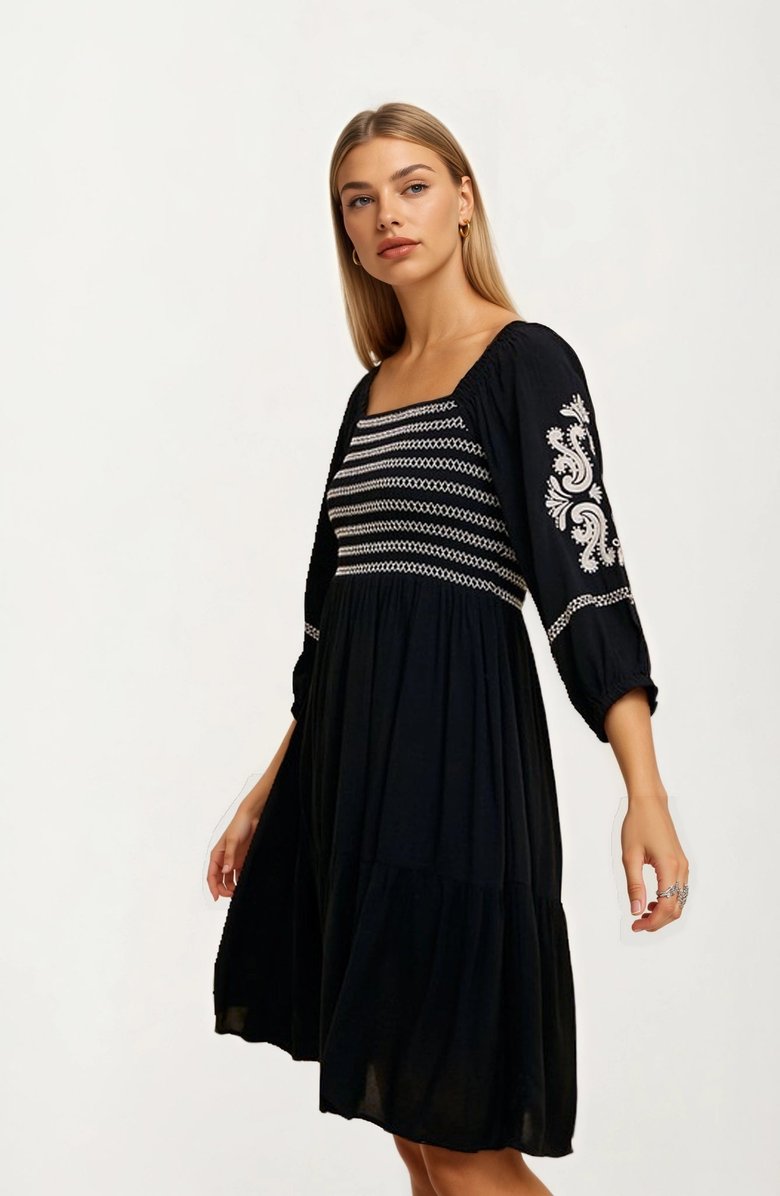 Knit and Lounge Embroidered Square-Neck Three-Quarter-Sleeve Dress, Alternate, color, 