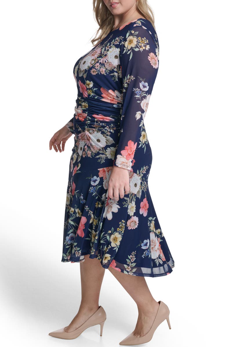 Vince Camuto Long Sleeve Mesh Body-Con Midi Dress, Alternate, color, Navy Multi