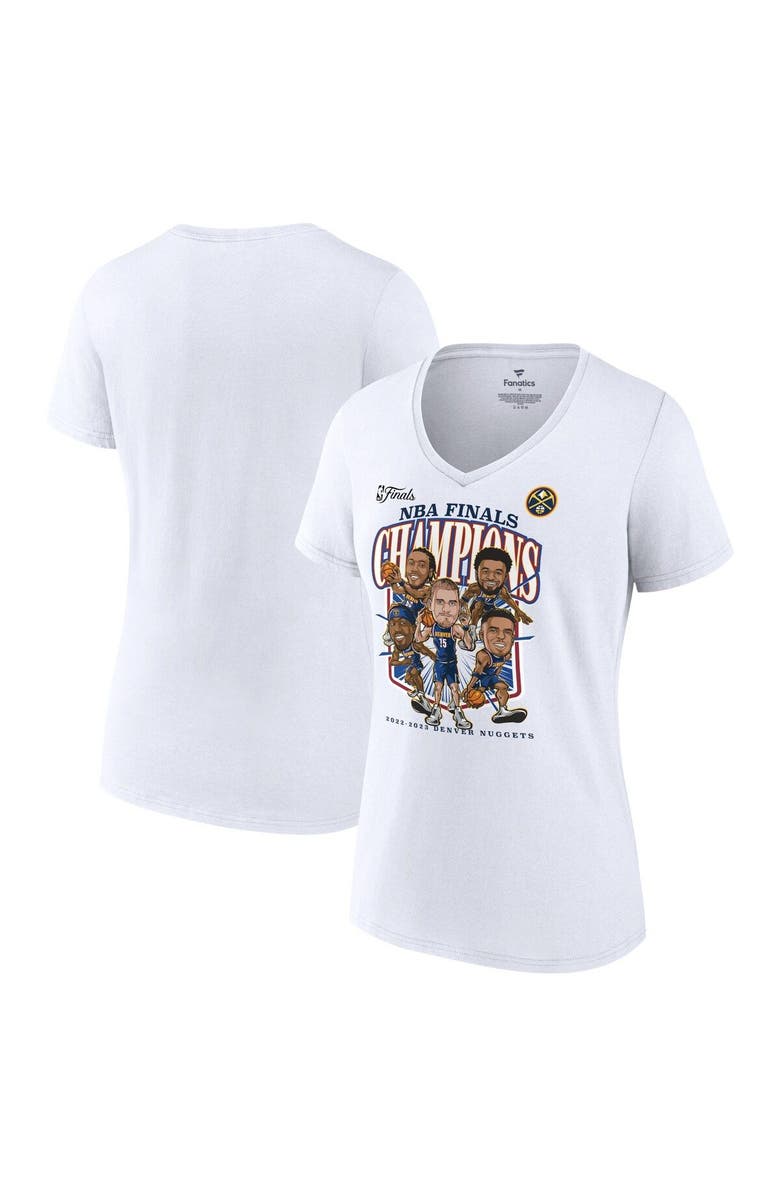 FANATICS Women's Fanatics Branded White Denver Nuggets 2023 NBA Finals Champions Windmill Team Caricature V-Neck T-Shirt, Main, color, 