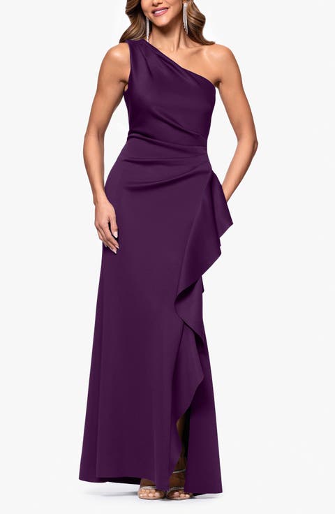 One-Shoulder Ruffle Scuba Crepe Gown (Regular & Petite)