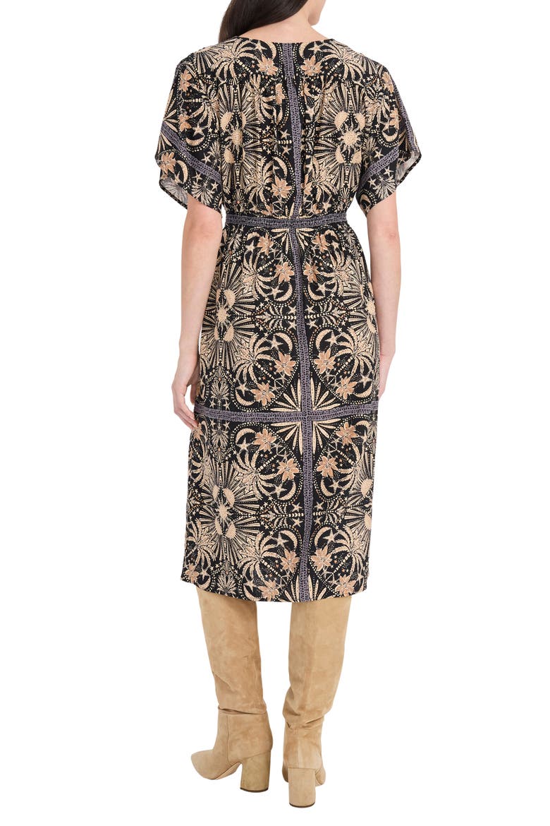 Floral Print Linen Blend Midi Dress, Alternate, color, BLACK/ TAN