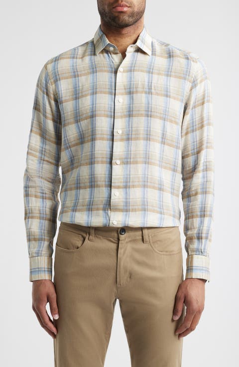 European Plaid Linen Button-Up Shirt