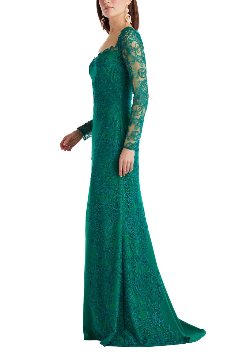 Embroidered Lace Long Sleeve Crepe Gown, Alternate, color, EMERALD