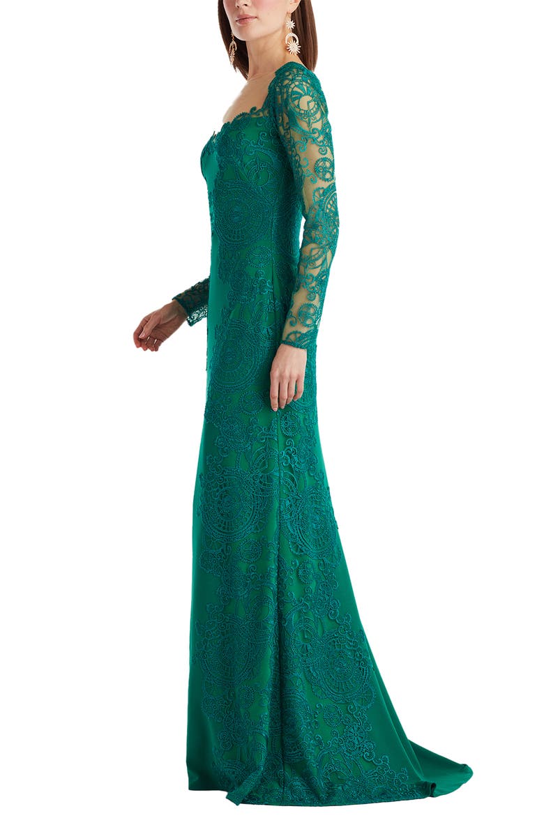 Tadashi Shoji Embroidered Lace Long Sleeve Crepe Gown, Alternate, color, Emerald