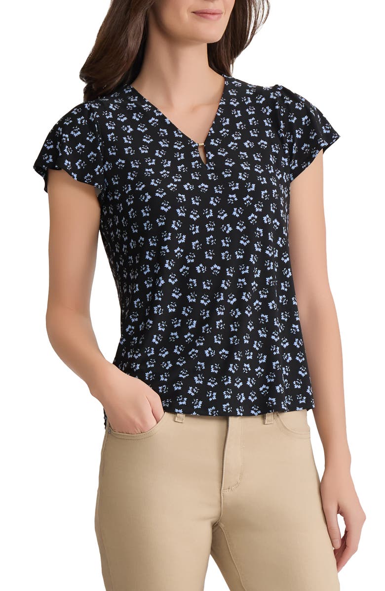 Jones New York Floral Flutter Sleeve Top, Alternate, color, Jones Black/ Chintz Blue