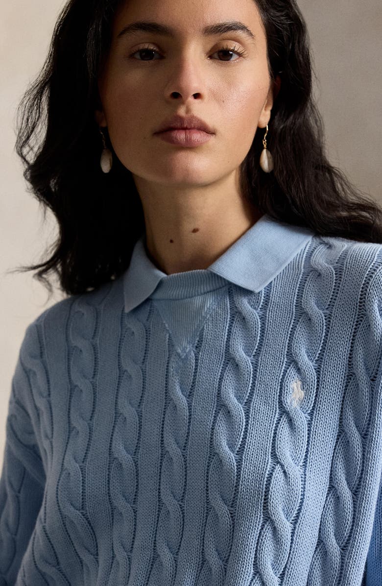 Polo Ralph Lauren Layered Collar Cable Stitch Cotton Sweater, Alternate, color, Blue