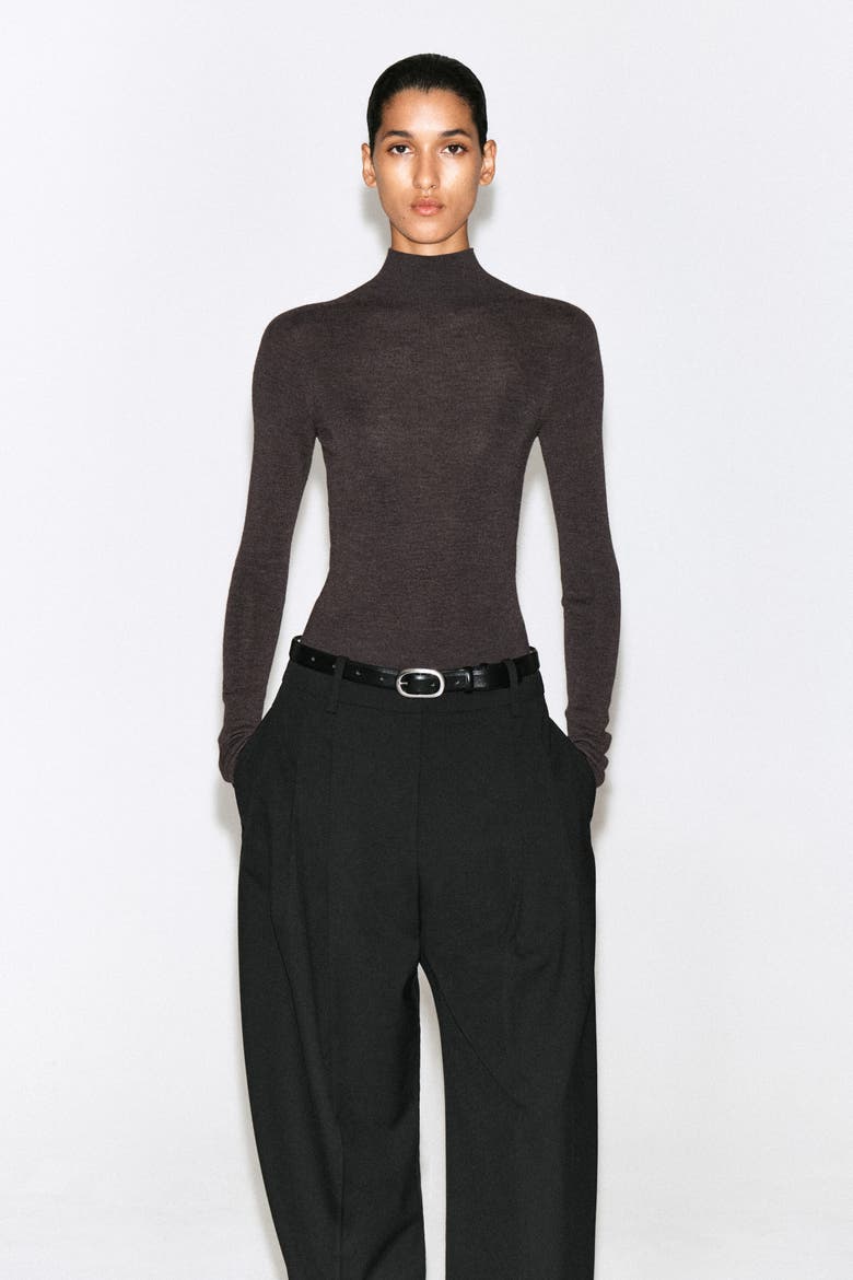 Seamless Merino Wool Mock-Neck Bodysuit, Main, color, BROWN MÉLANGE