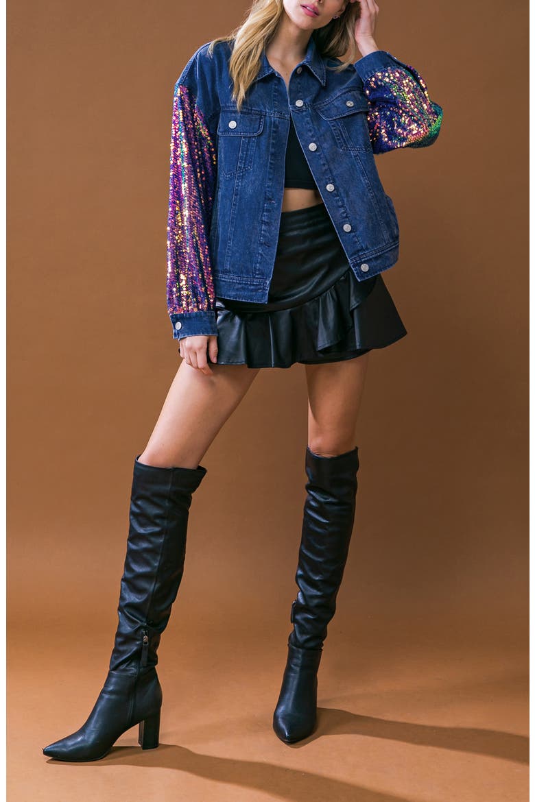 Walking the Walk Sequin Sleeve Denim Jacket, Alternate, color, MEDIUM INDIGO