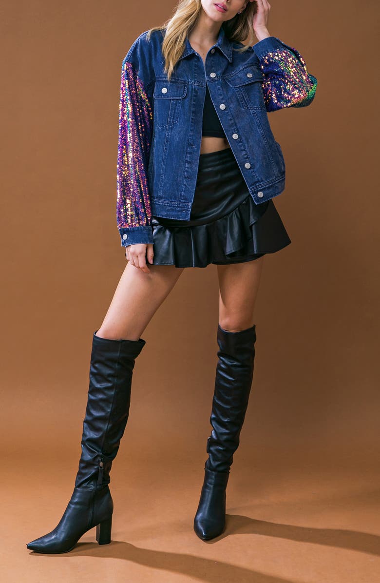 FLYING TOMATO Walking the Walk Sequin Sleeve Denim Jacket, Alternate, color, Medium Indigo