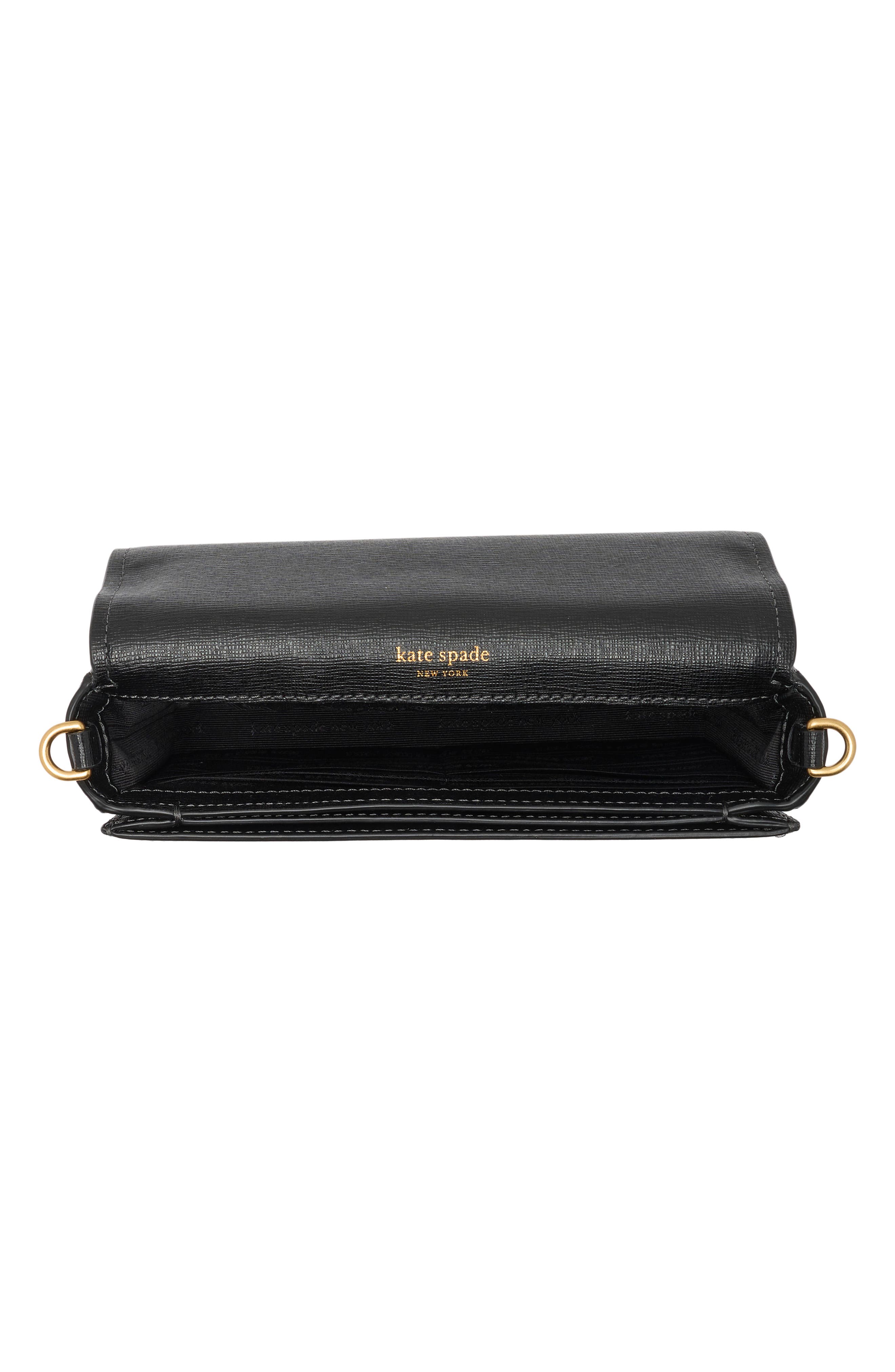 Morgan Bow Embellished Saffiano Leather Crossbody Bag, Alternate, color, BLACK