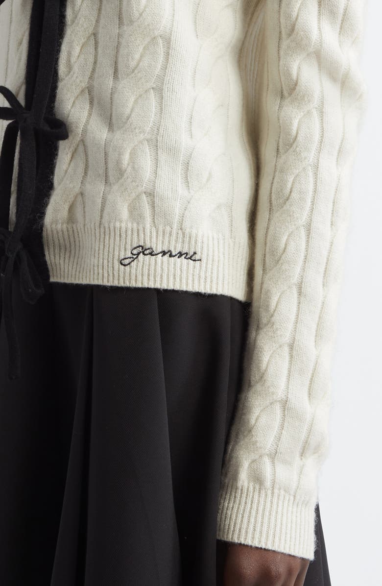 Ganni Tie Front Merino Wool & Cashmere Cable Sweater, Alternate, color, Egret