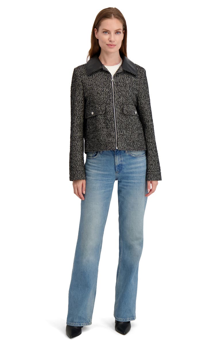 Laundry by Shelli Segal Herringbone Faux Leather Collar Jacket, Alternate, color, Black