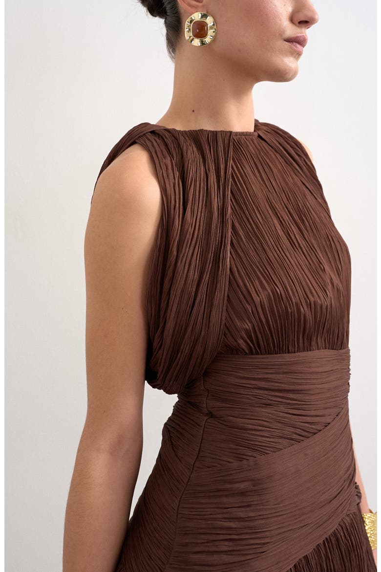 Drape Shoulders Pleated Minidress, Alternate, color, BROWN