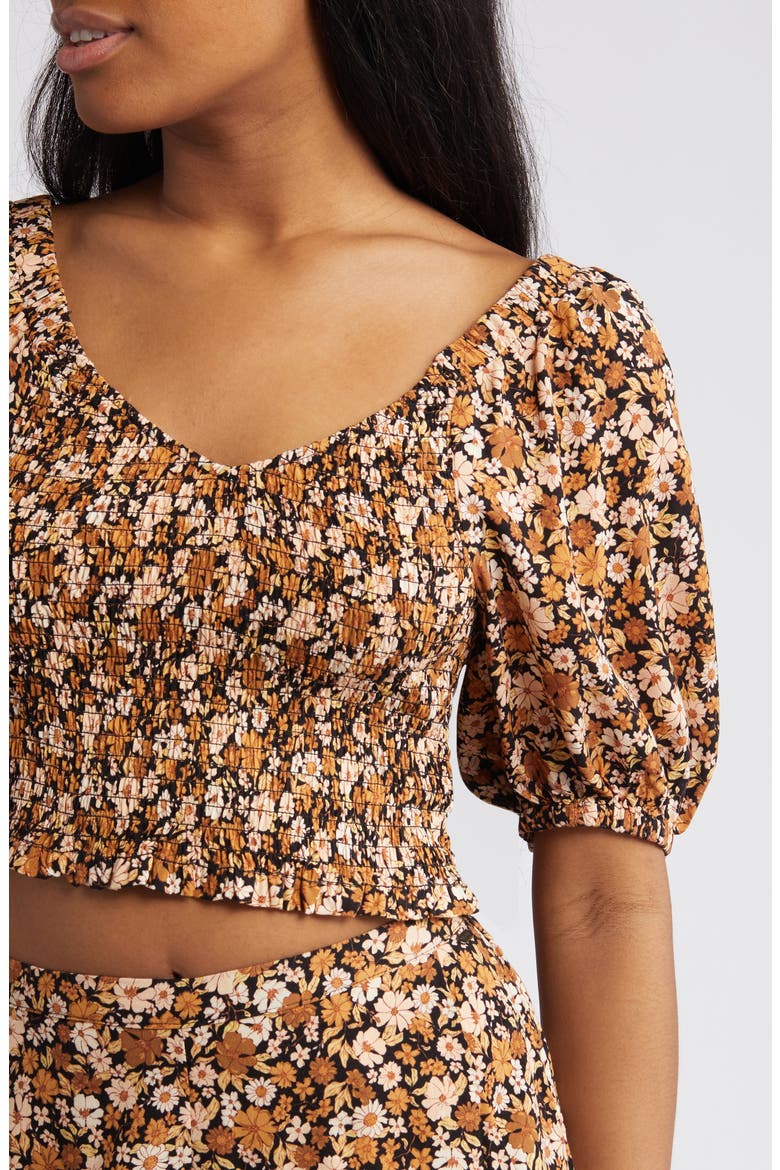 Sea of Dreams Floral Smocked Crop Top, Alternate, color, BROWN