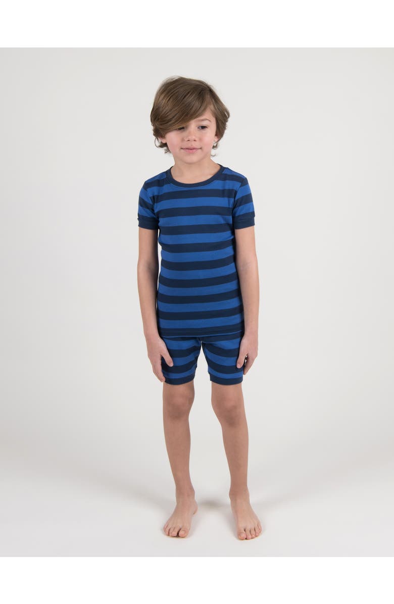 Leveret Kids Cotton Two-Piece Short Pajamas, Stripes & Solids, Alternate, color, Striped Blue & Navy