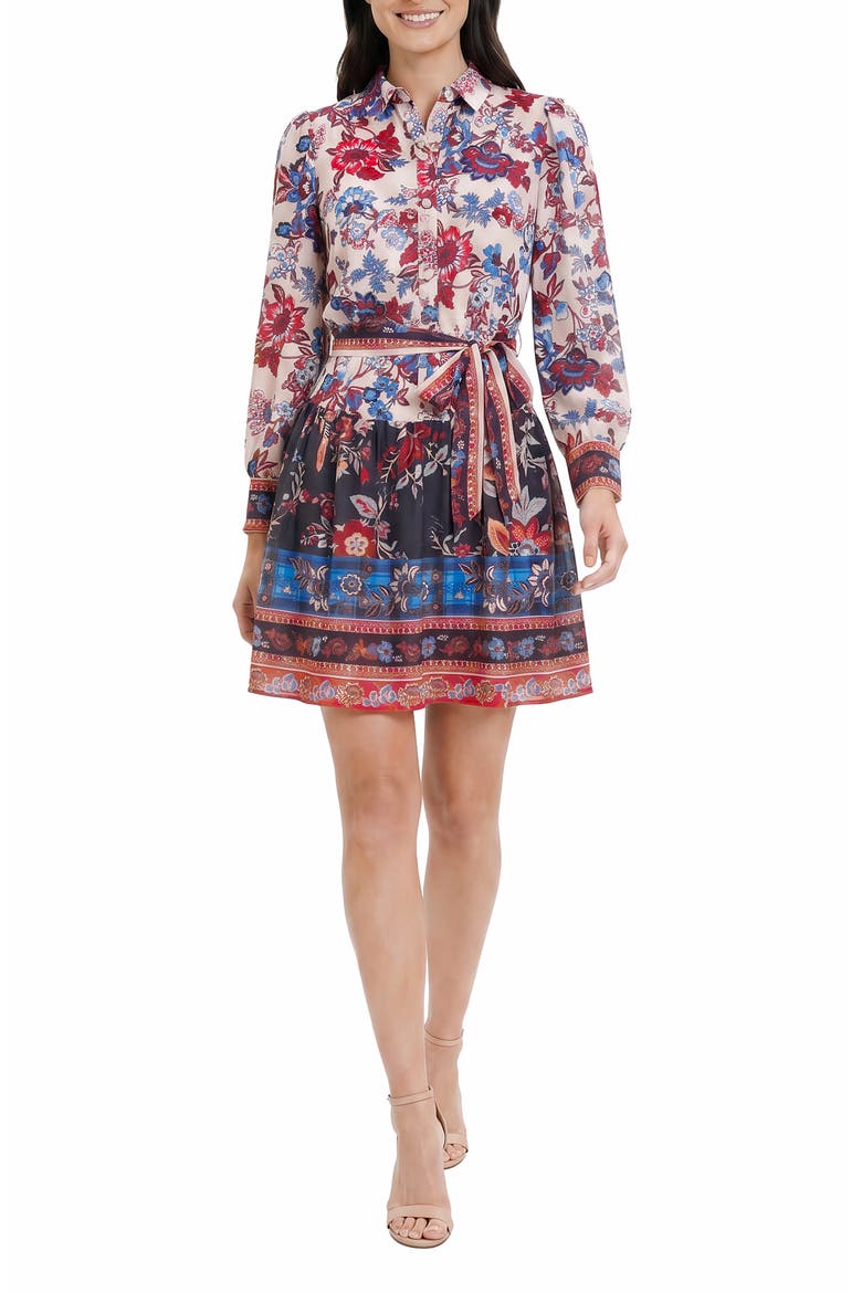 Print Tie Waist Long Sleeve Shirtdress, Main, color, CREAM/TURQ