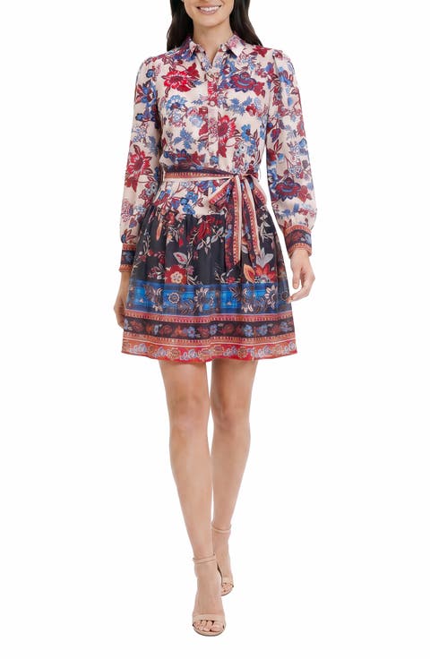 Print Tie Waist Long Sleeve Shirtdress