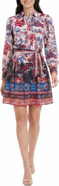 Maggy London Print Tie Waist Long Sleeve Shirtdress