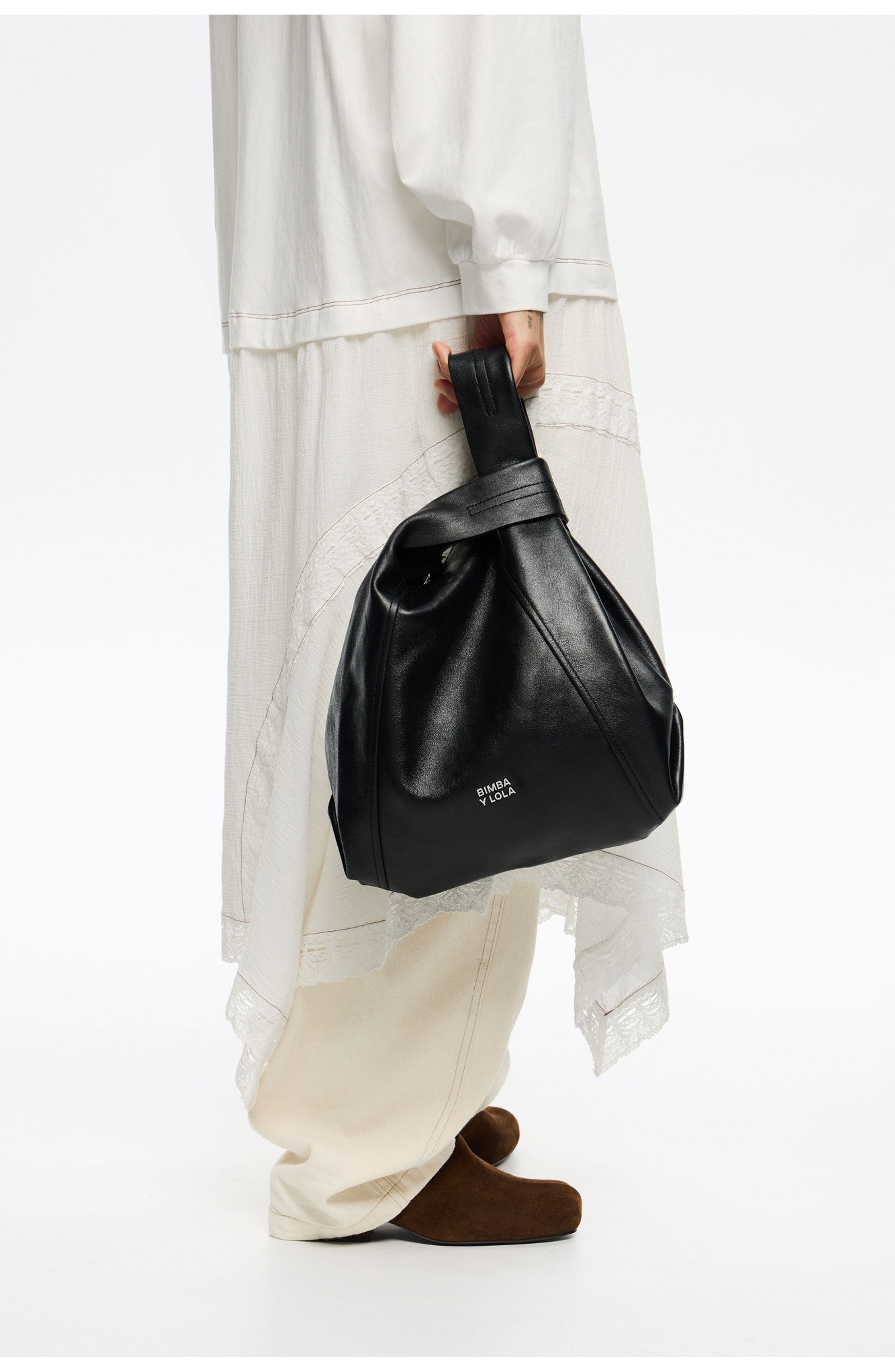 Bimba y Lola Medium Leather Paper Bag, Alternate, color, Black