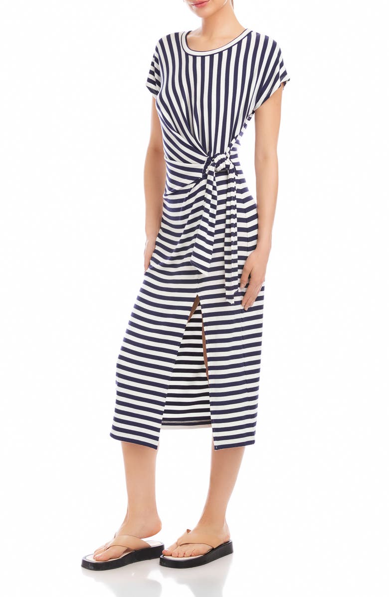 FIFTEEN TWENTY Marisa Side Knot Midi T-Shirt Dress, Alternate, color, Navy W/ White