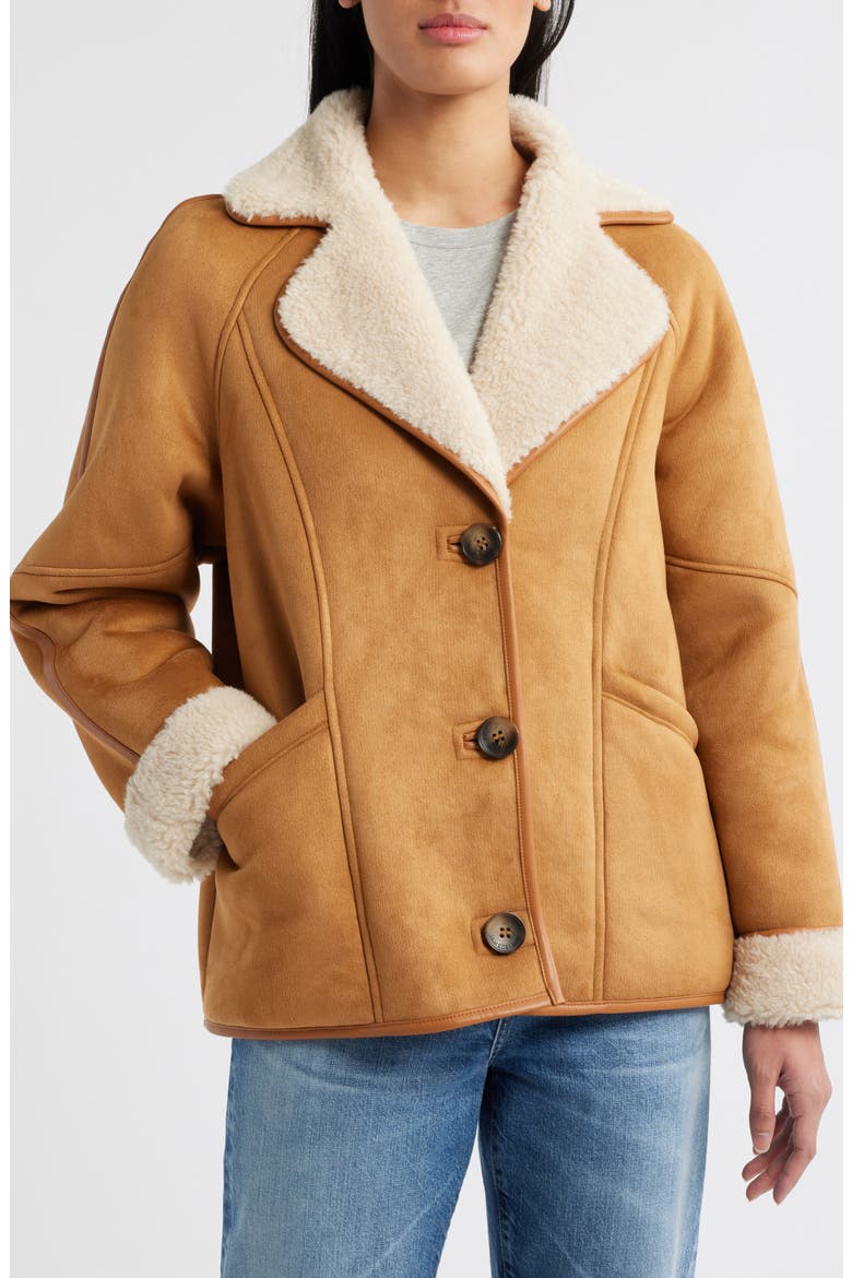 Faux Suede & Faux Shearling Jacket, Main, color, COGNAC/ IVORY