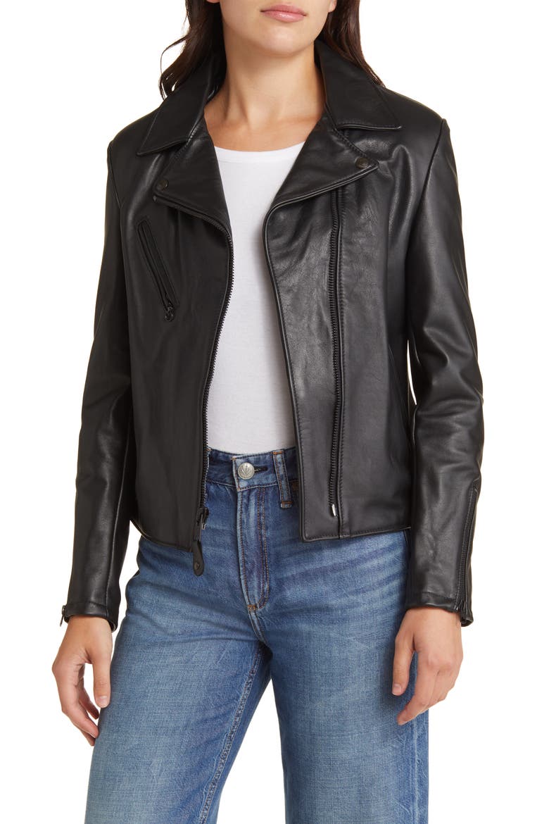 Clean Perfecto Asymmetric Leather Moto Jacket, Main, color, BLACK