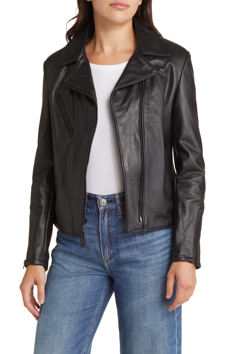Schott NYC Clean Perfecto Asymmetric Leather Moto Jacket, Main, color, Black