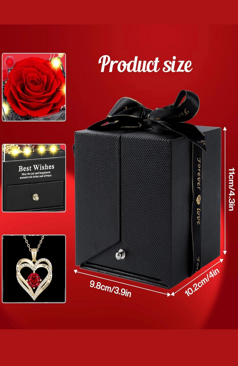 Lovery Valentines Preserved Red Rose with LED Lights & 14K Gold Plated Double Heart Ruby Necklace, Alternate, color, Black, Red