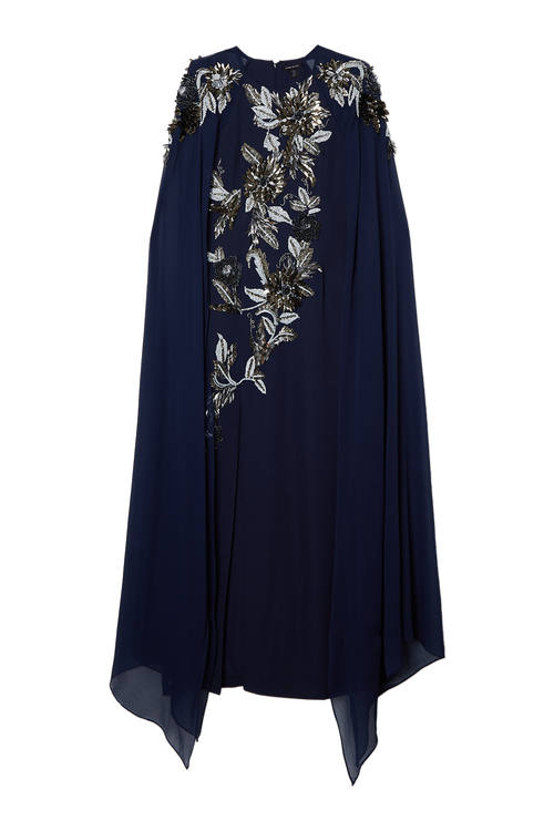 Karen Millen Floral 3d Cape Sleeve Maxi Dress In Blue