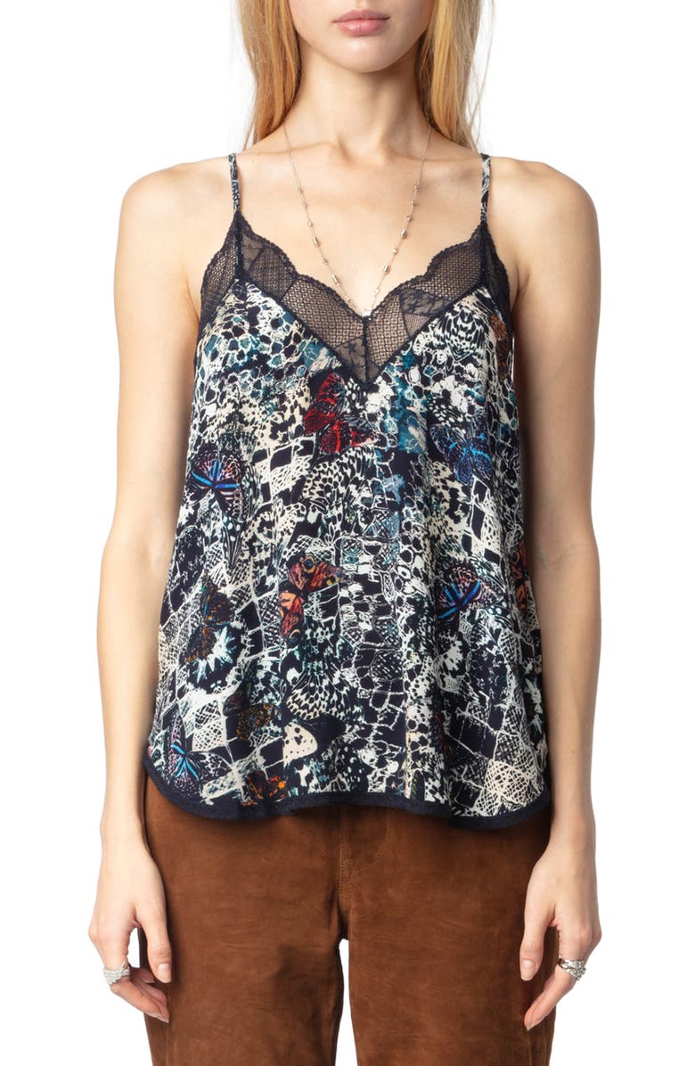 Zadig & Voltaire Christy Soft Butterflies Lace Trim Camisole, Main, color, Encre