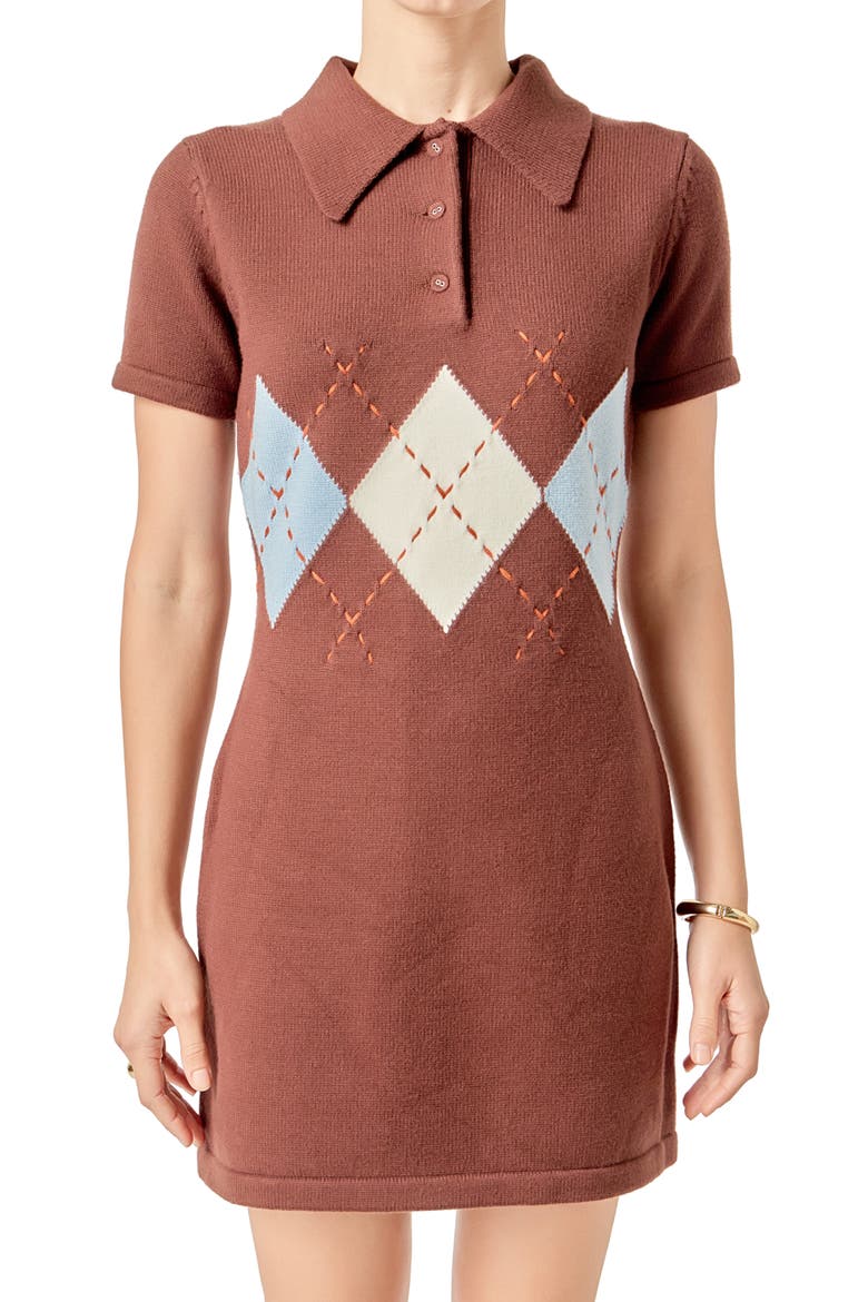 Argyle Knit Polo Dress, Alternate, color, BROWN MULTI