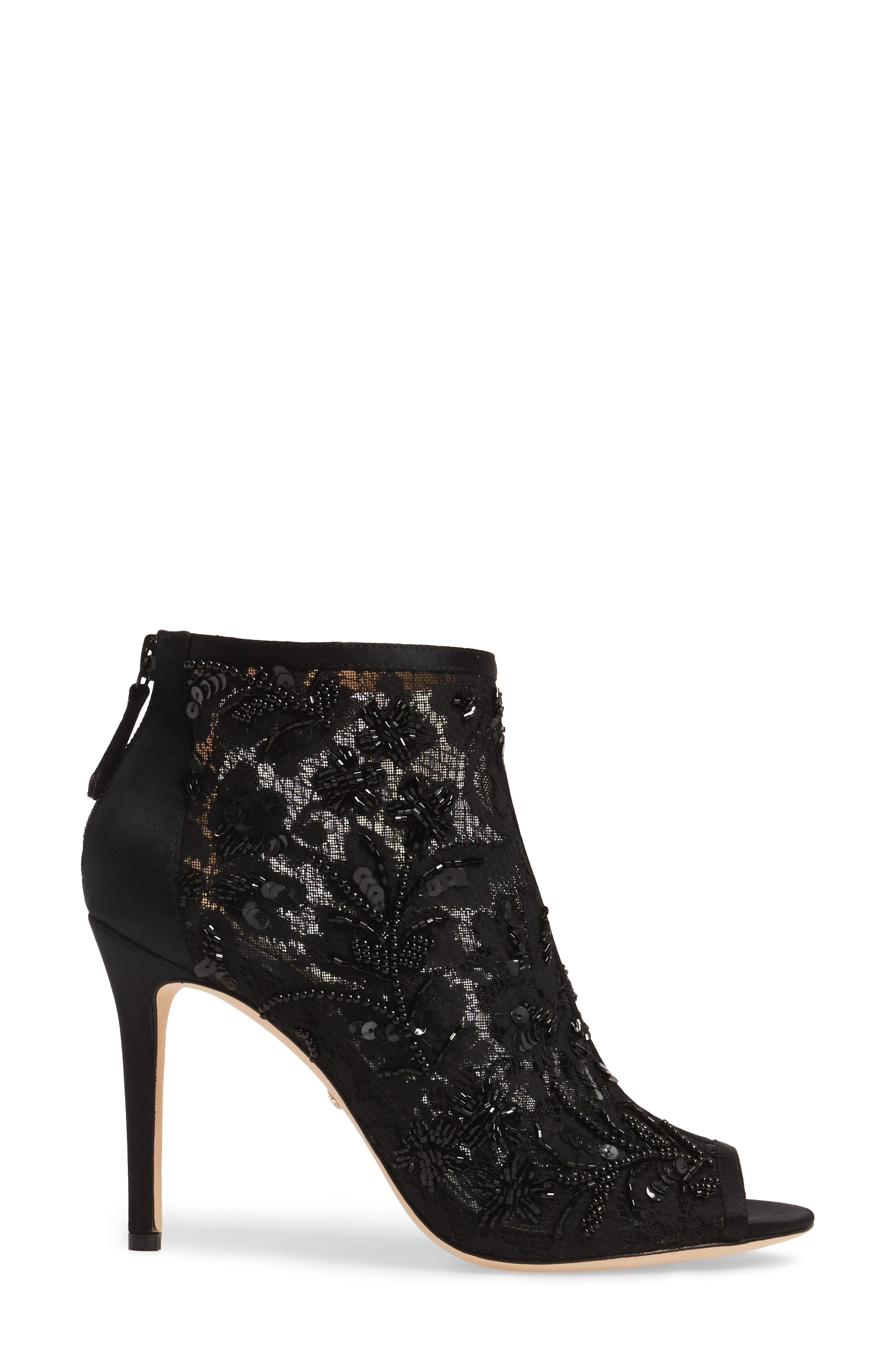 Badgley Mischka Moyra Embellished Lace Bootie, Alternate, color, BLACK SATIN