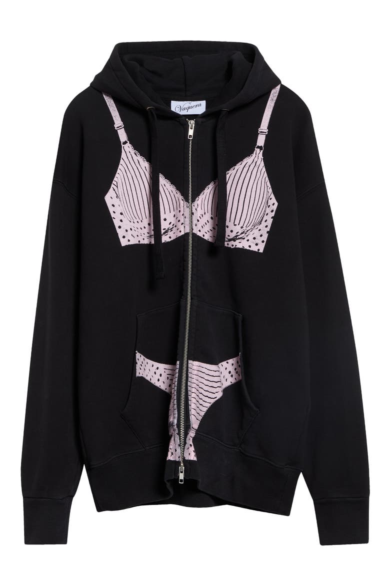 Oversize Trompe l'Oeil Lingerie Zip Graphic Hoodie, Alternate, color, BLACK