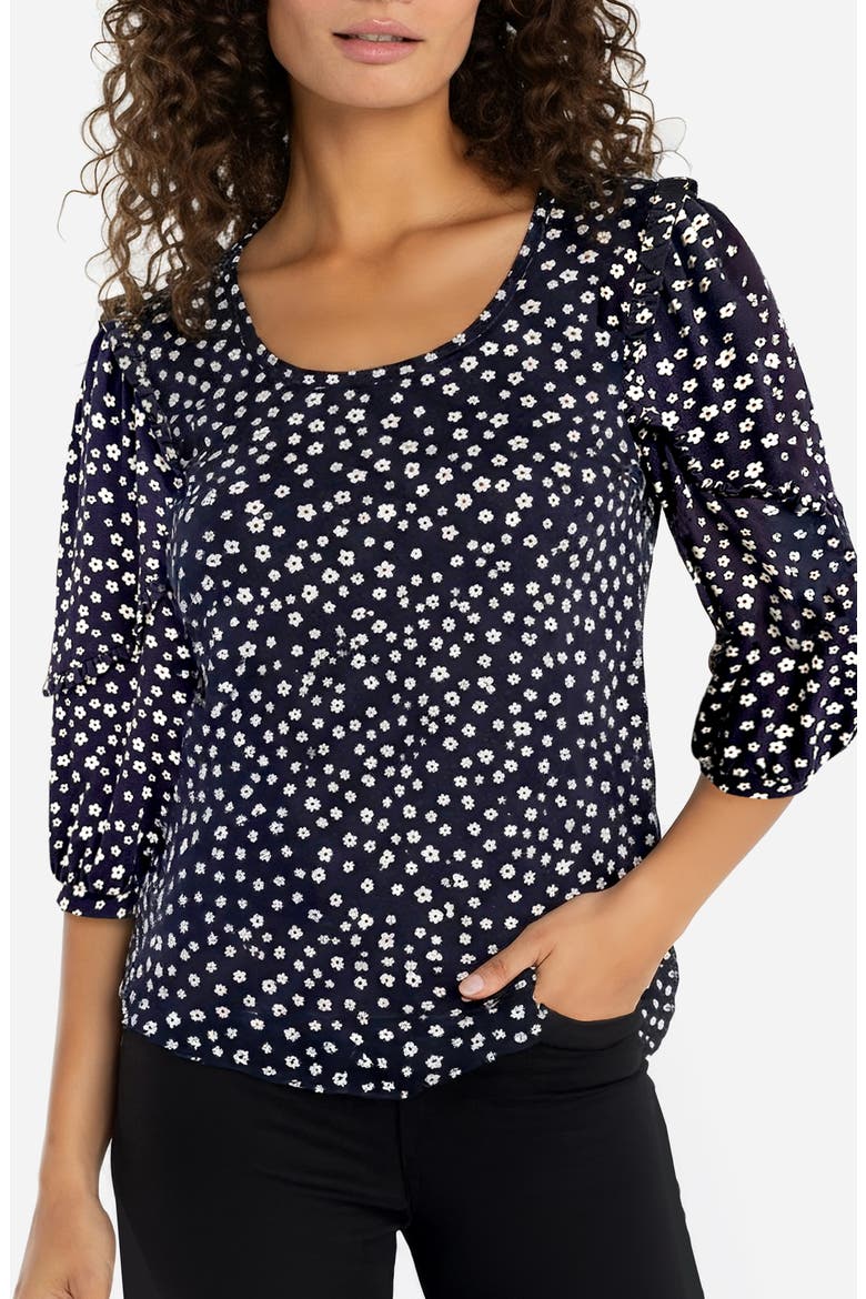 Scoop Neck Ruffle Sleeve Top, Main, color, NAVY/ WHITE DITSY