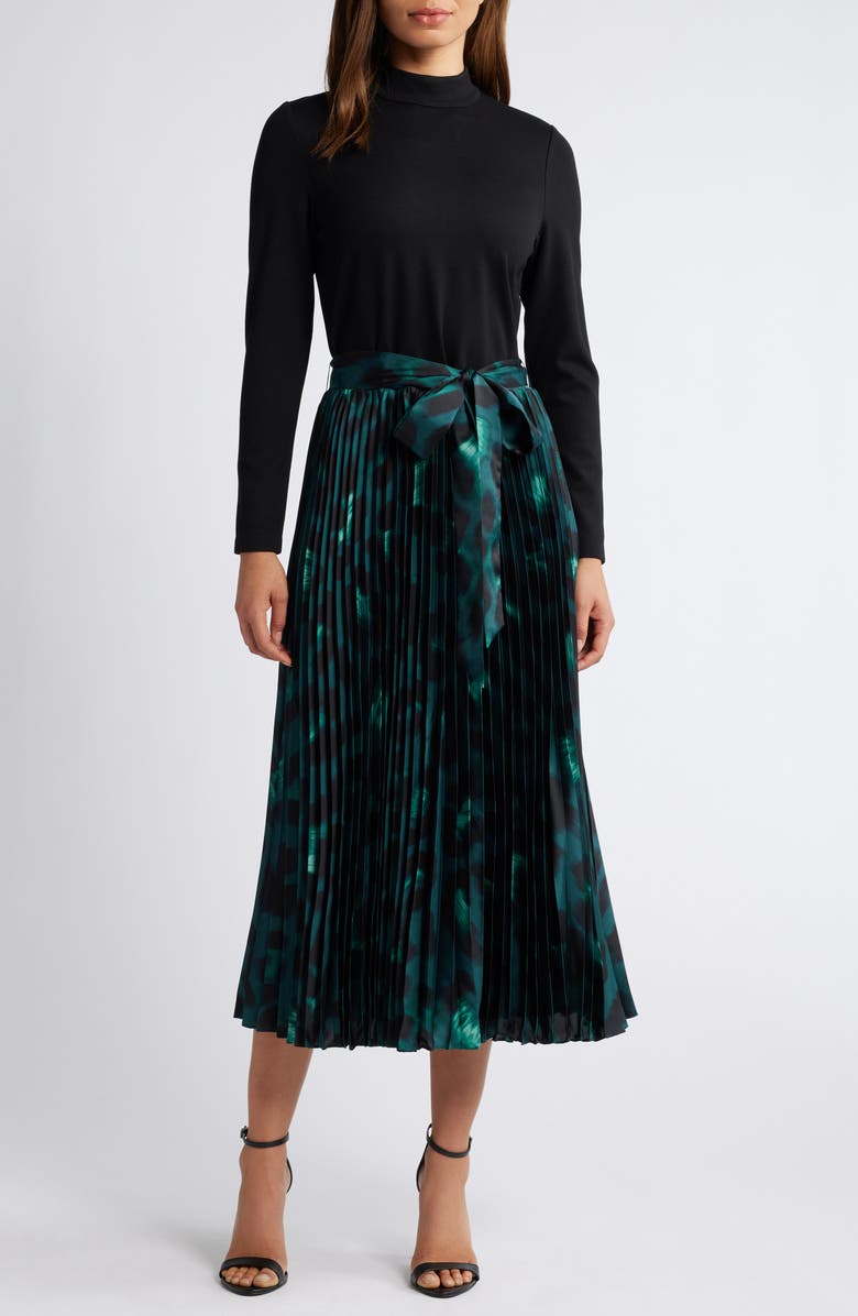 Anne Klein Pleated Tie Belt Long Sleeve Mixed Media Dress, Main, color,