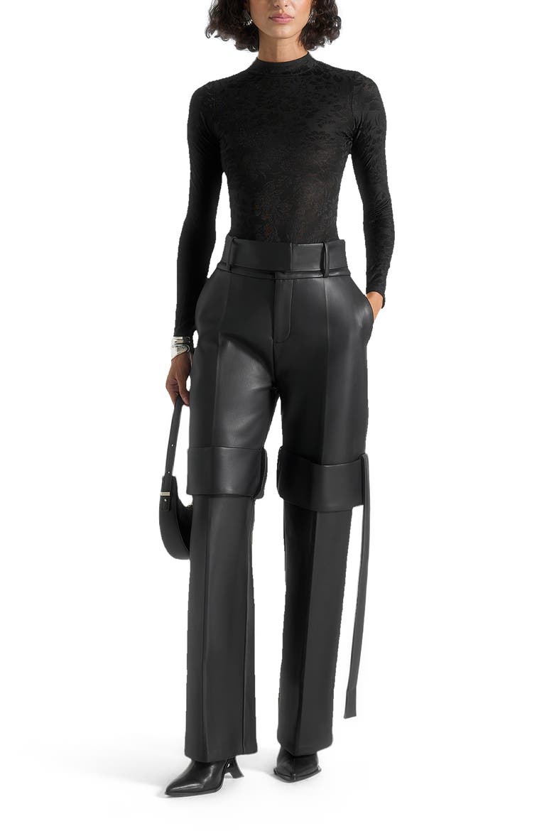 Isabelle Leather Belted Strap Detail Trousers, Alternate, color, Black