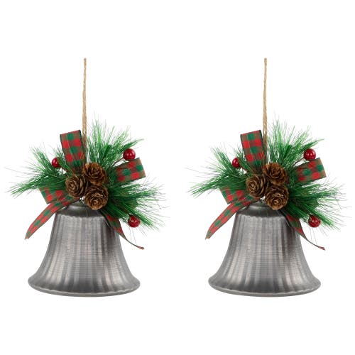 Northlight Bells With Pine Sprigs And Plaid Bow Christmas Ornaments In Silver