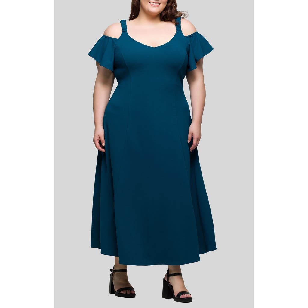 24seven Comfort Apparel Plus Size Cold Shoulder Ruffle Sleeve A-line Maxi Dress In Blue