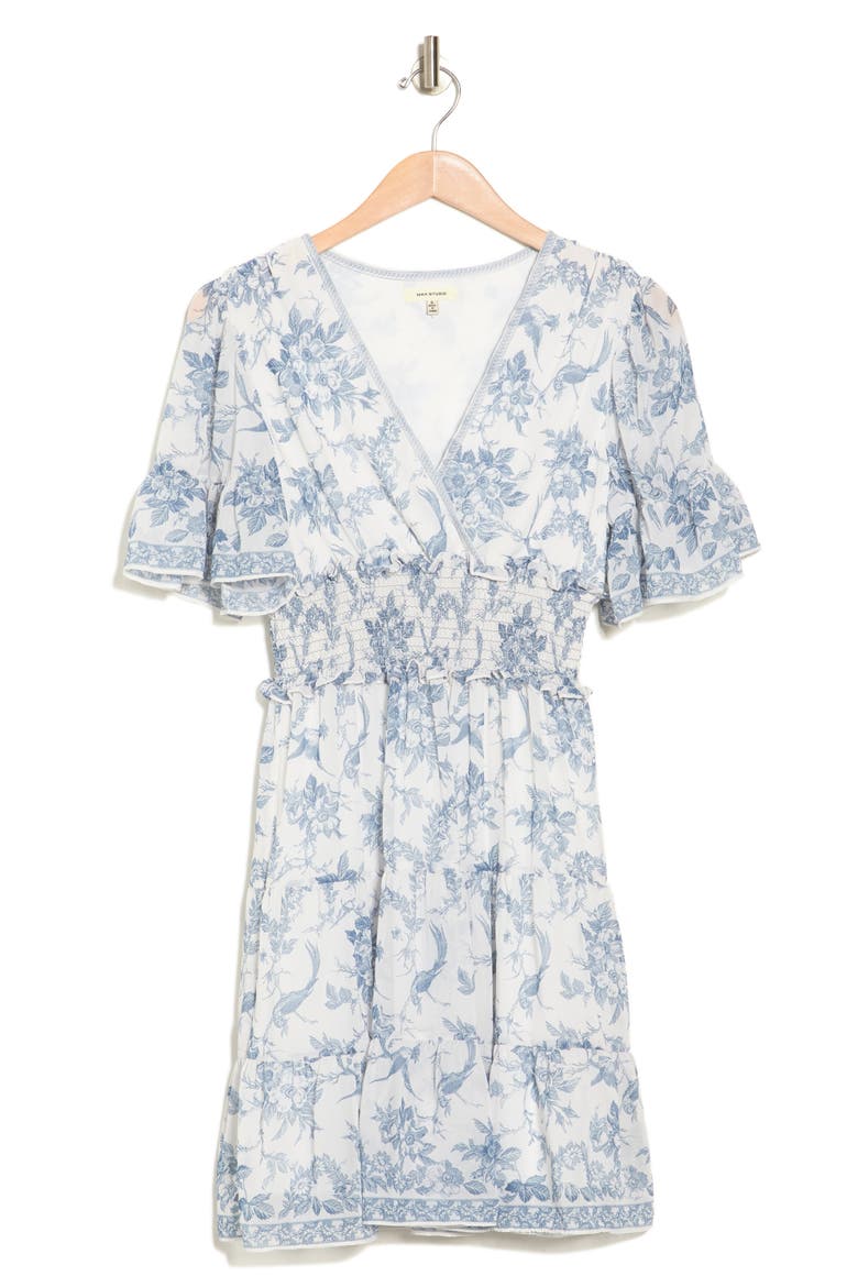 Georgette Ditsy Floral Print Tiered Dress, Alternate, color, CREAM/ BLUE FLORAL TOILE