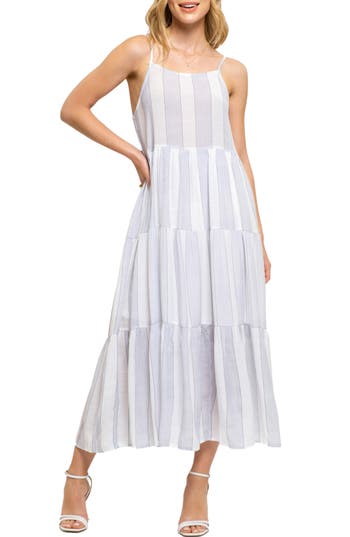 August Sky Stripe Tiered Midi Dress In Navy Multi