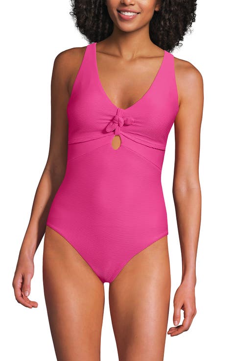 Ribbed Knot Front One Piece Swimsuit