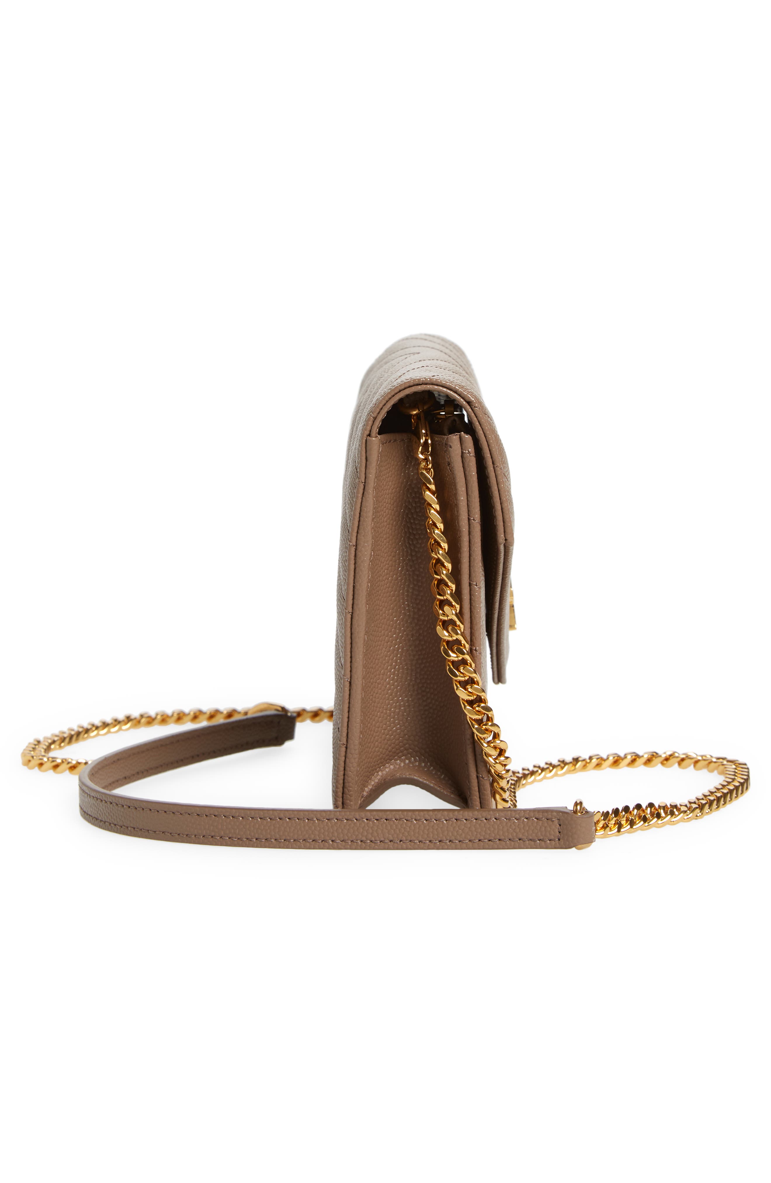 Cassandre Matelassé Leather Envelope Wallet on a Chain, Alternate, color, TAUPE